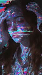 Colorful Abstract Portrait with Digital Glitches and Distorted Features