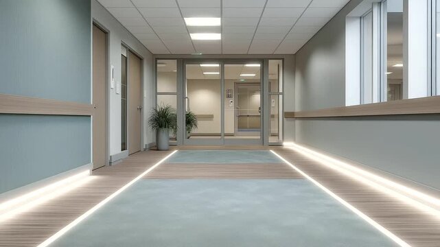 pediatric wing entrance with soft LED path lights guiding parents and children safety and accessibility detail three quarter wide angle cinematic color correction gentle