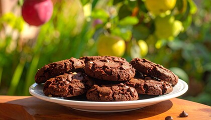 Chocolate chip cookies on a plate outdoors