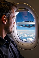 Man gazing out airplane window at fantastical UFO in sky