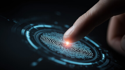 Close-up of a person’s thumb with a fingerprint scan, symbolizing biometric identification, digital security, and advanced authentication technology.