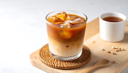 Iced coffee drink on a wooden board