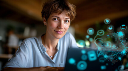 Female project manager with short hair focused on her laptop, augmented reality social media icons floating in her office, AR social media project management, IoT office technology