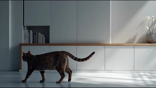 a cat sitting on the floor in front of a shelf with two potted plants