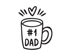mug Dad number 1 with heart, hand drawn doodle, line art, monochrome, hand drawn