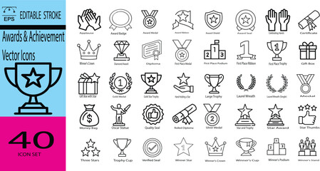 Awards & Achievement Modern Line Art Vector Icons Bundle with Trophy, Medal, Crown, Diploma, Star, and Quality Seal for Success and Recognition, Editable EPS Stroke Vector icon set 

