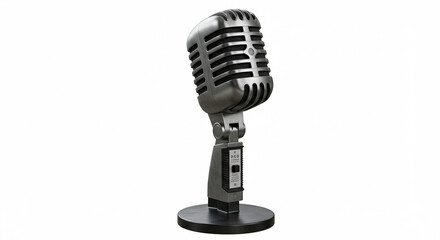 Vintage Silver Microphone on Stand: Retro Broadcasting Equipment, Isolated on White Background - Perfect for Podcast, Radio, Music, and Vintage Theme Designs. High-Resolution 3D Render for Professi...