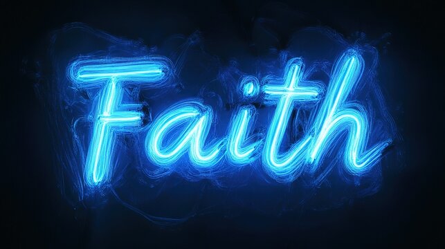 Illuminated Faith sign glows vibrantly against a backdrop of pure darkness, evoking introspection and a sense of wonder. Stock Image.