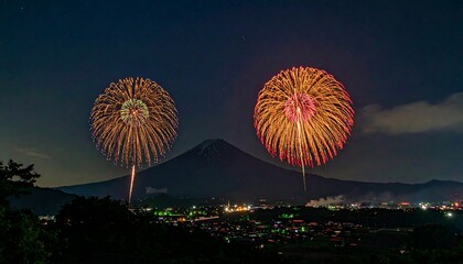 Night sky spectacle vibrant fireworks explode over a majestic mountain, illuminating a town below
