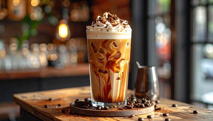 Iced coffee drink on a wooden surface