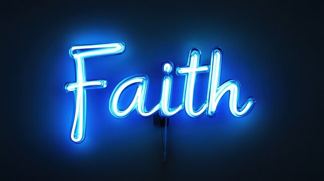 Illuminated Faith sign glows vibrantly against a backdrop of pure darkness, evoking introspection and a sense of wonder. Stock Image.