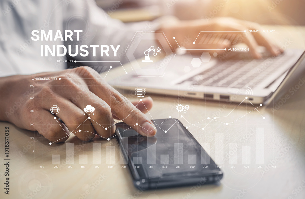 Poster smart industry dashboard combining automation, robotics, cloud integration, cybersecurity, and data 