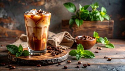Iced coffee drink on rustic wooden table