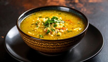 Hearty yellow lentil soup, garnished with fresh herbs