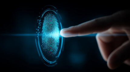 A blue fingerprint scan icon on a virtual screen, symbolizing identity verification, biometric security, and advanced digital technology.