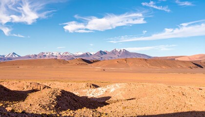 Vast desert landscape meets snow-capped mountains