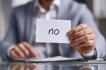 A Close-Up of a Person Holding a Card with the Word 'No' Displayed, Signifying a Firm Decision or Rejection in a Professional Context