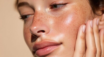 Radiant Close-Up of a Freckled Face Emphasizing Healthy Skin Glowing in Soft Natural Light with a Subtle Expression and Gentle Hand Touch
