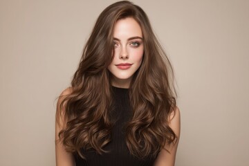 Naklejka premium Woman with long wavy brown hair wearing black sleeveless top posing against beige background.
