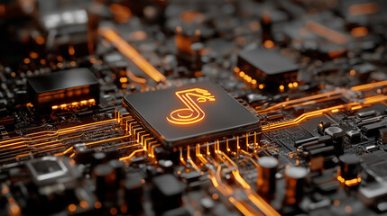 Audio technology concept featuring a glowing music symbol integrated with circuit design, representing digital sound, innovation, and electronic music connectivity.