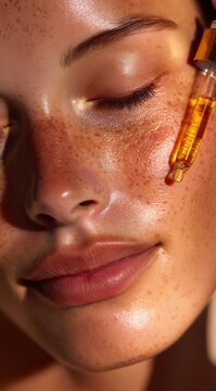A close-up of a serene woman applying a golden serum to her radiant skin, showcasing freckles and a natural glow in a tranquil setting, emphasizing beauty and skincare.