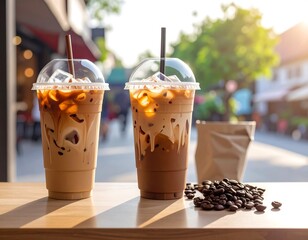 Iced coffee drinks on a table
