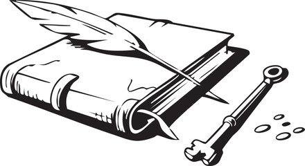 Vintage Book with Quill and Key – Retro Writing and Knowledge Illustration