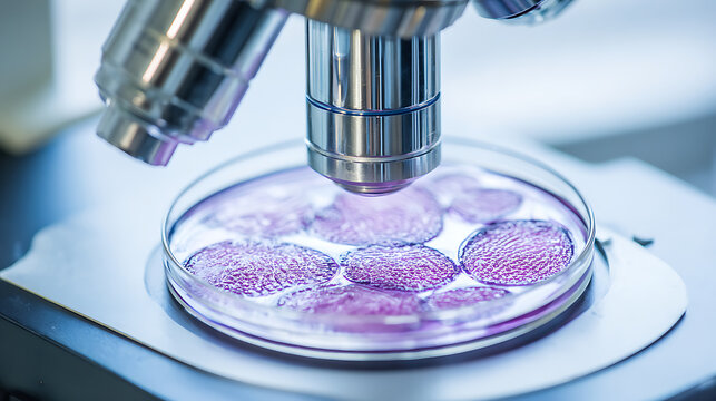 Microscope examining petri dish with cultured cells under laboratory conditions - Powered by Adobe