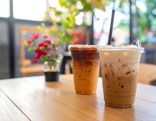 Iced coffee drinks on a wooden table in a cafe