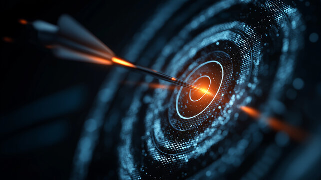 A glowing digital arrow strikes a neon orange  bullseye, symbolizing precision, technology, and futuristic accuracy on a sleek dark black background.
 - Powered by Adobe