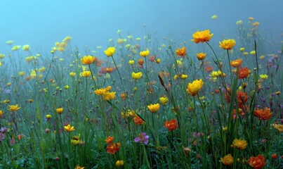 A Vibrant Meadow of Colorful Wildflowers Bathed in Mist, Showcasing Nature's Bounty with Bright Hues of Yellow, Orange, and Pink Among a Serene Foggy Landscape