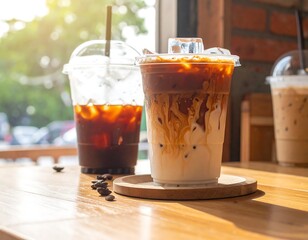 Iced coffee drinks on a wooden table