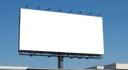 Massive blank white billboard against a bright clear blue sky, ideal outdoor advertisement display space