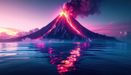 Volcano Erupting Over Water with Sunset Sky, and Fantasy Landscape.