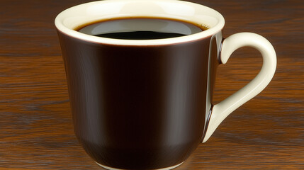 A rich black coffee in a dark brown cup with a white rim, set on a warm wooden table. Perfect for coffee-related promotions, highlighting simplicity and elegance. 