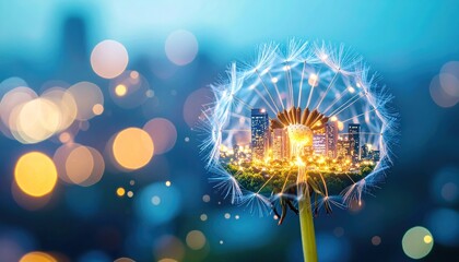 Cityscape inside dandelion seed with bokeh background, and urban concept.