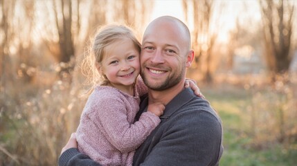 Naklejka premium Happy happy father and adorable daughter enjoying outdoor walk in a park during sunset.