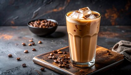 Iced coffee in tall glass, dark background