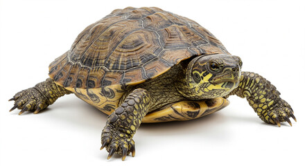 Obraz premium Striking Close-Up of a Chinese Stripe-Necked Turtle (Ocadia sinensis) showcasing intricate shell patterns and textures, isolated on a pristine white background. This high-resolution image is perfe...
