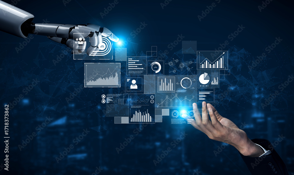 Poster ai interacts with data analytics dashboard, reading trends, improving decisions, and enhancing insig