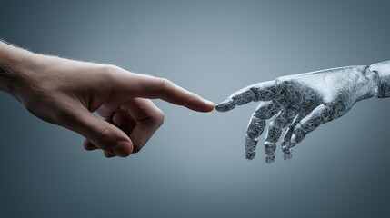 A human hand and robotic hand touch fingertips against a  gray background, symbolizing connection, technology, and human-robot interaction.