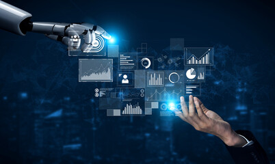 AI interacts with data analytics dashboard, reading trends, improving decisions, and enhancing...