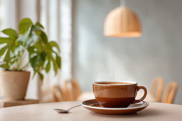 Obraz premium cozy coffee shop featuring digital menu displayed prominently in background illuminated by soft diffused lighting