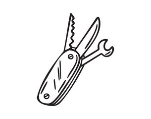 Multitool with various functions, hand drawn doodle, line art, monochrome, hand drawn