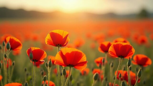 Flowering poppy field in sunny day, spring time. Wild red flowers. Aerial drone view.