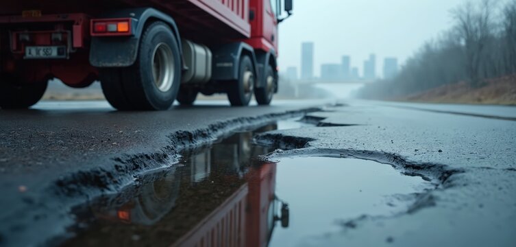 Fototapeta Heavy truck drives on wet asphalt road surface with severe damage and large potholes. Urban skyline in misty background suggests city outskirts. Road infrastructure maintenance and repair needed.