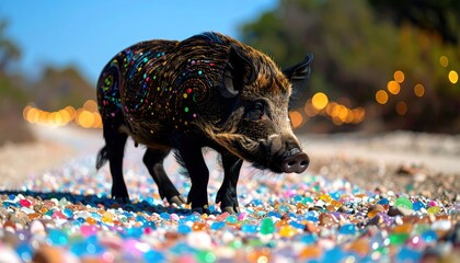 Fantasy Wild Boar with Colorful Crystals on Path, and Bright Nature.