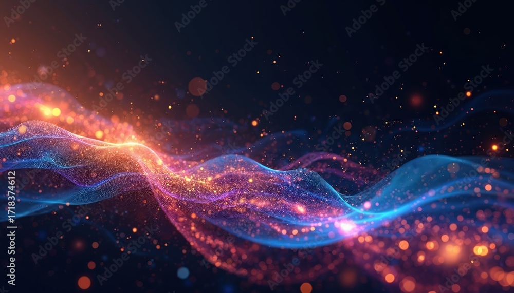 Poster abstract wavy lines of light with glowing particles form futuristic pattern. blue, orange colors ble
