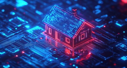 Obraz premium Futuristic glowing house with digital elements on a blue circuit background depicting technology and innovation