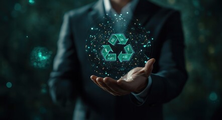 Businessman holding futuristic green recycling symbol with digital interface in hands